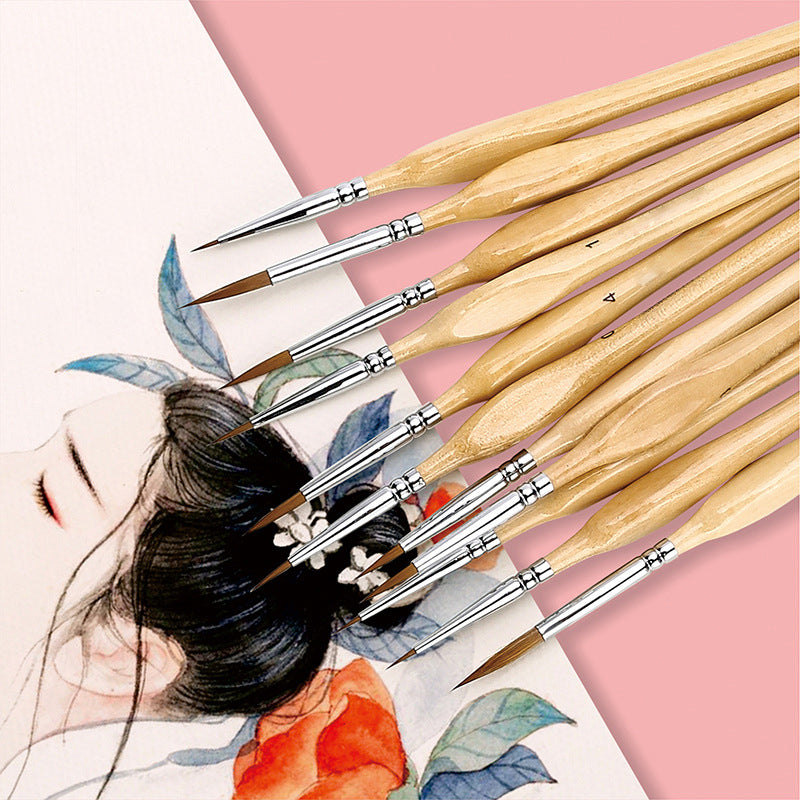 11 Pcs Miniature Detail Paint Brush Set With Natural Wood Handle