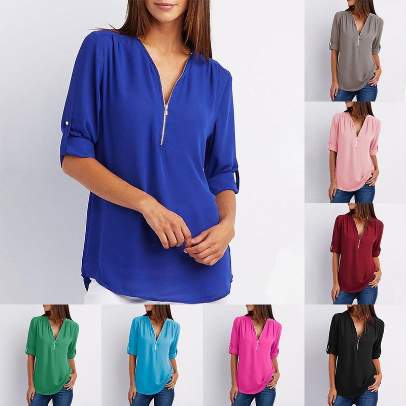 Clapfun™ V Neck Zipper Patchwork Plain Blouses