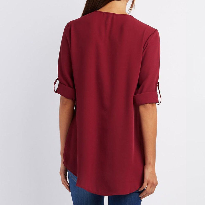 Clapfun™ V Neck Zipper Patchwork Plain Blouses