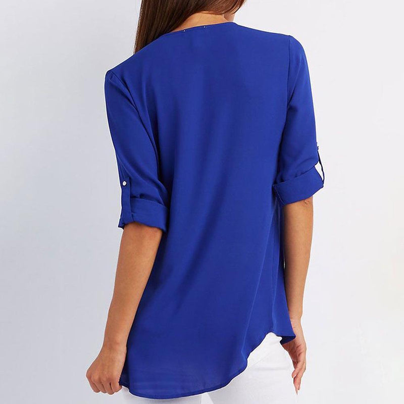 Clapfun™ V Neck Zipper Patchwork Plain Blouses