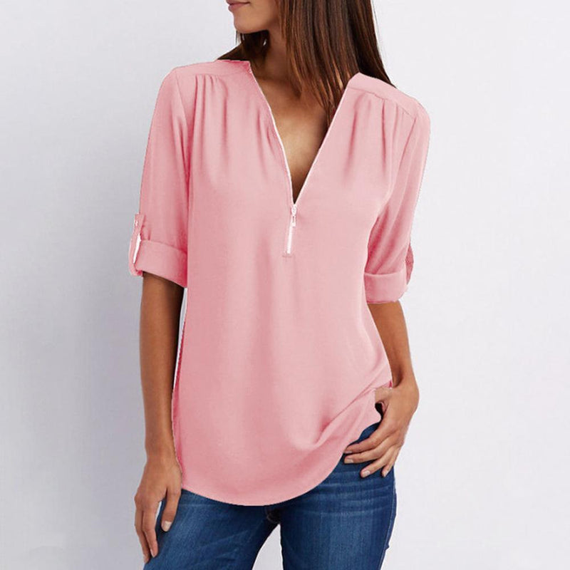 Clapfun™ V Neck Zipper Patchwork Plain Blouses