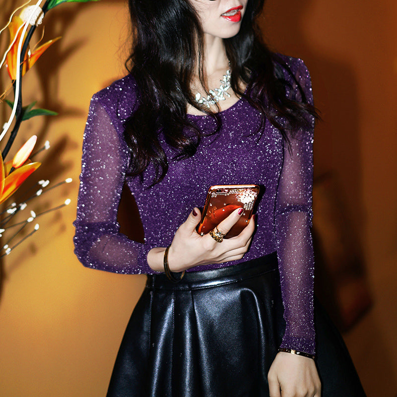 Slim Fit Shiny Tulle Bottoming Shirt