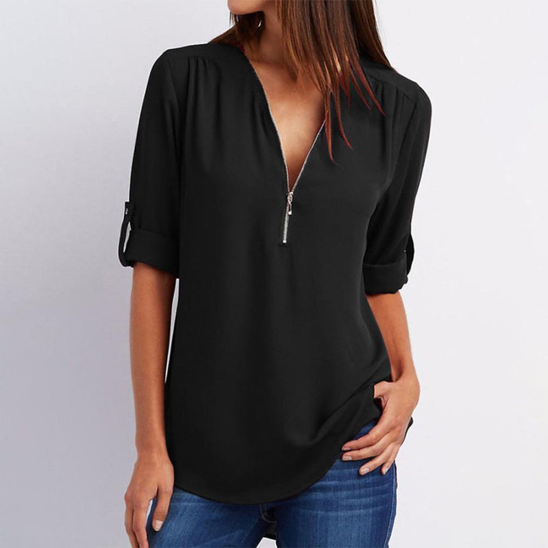 Clapfun™ V Neck Zipper Patchwork Plain Blouses