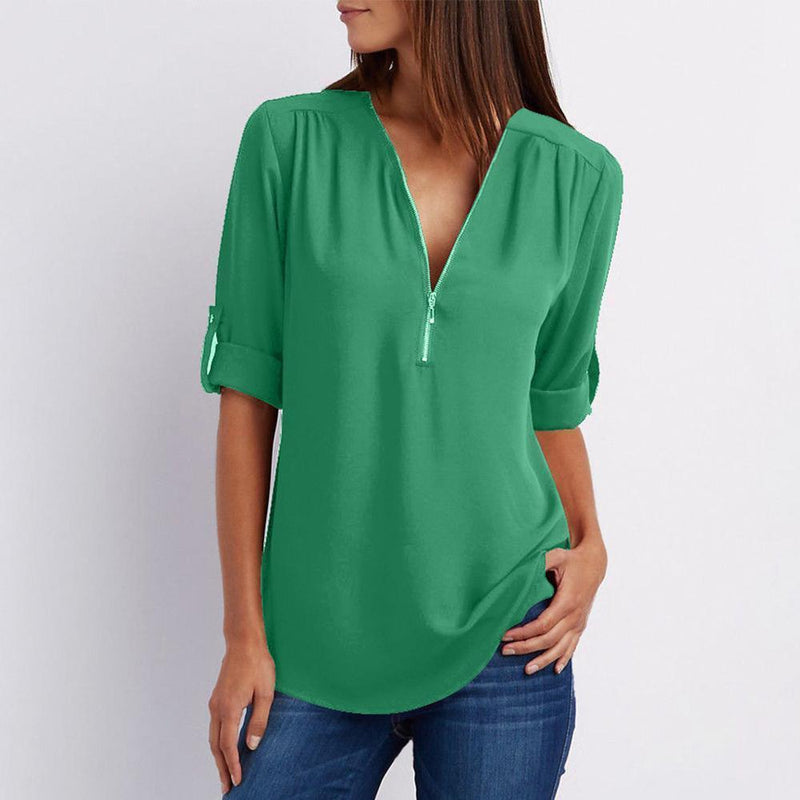 Clapfun™ V Neck Zipper Patchwork Plain Blouses