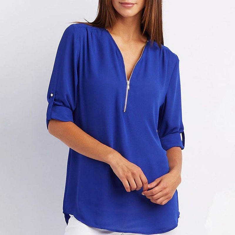 Clapfun™ V Neck Zipper Patchwork Plain Blouses