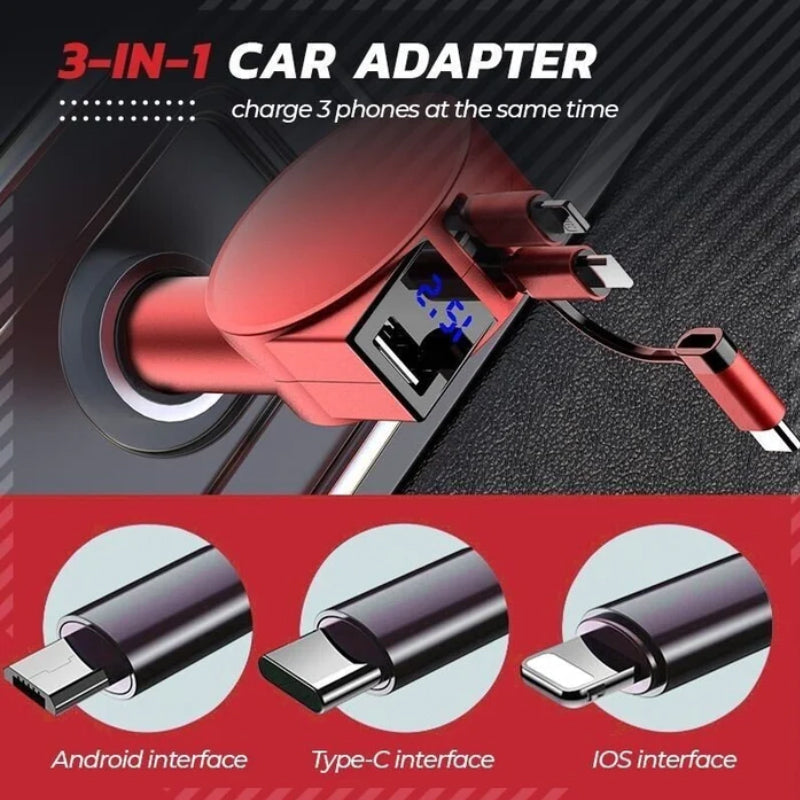 3-in-1 Retractable Fast Charging Car Adapter