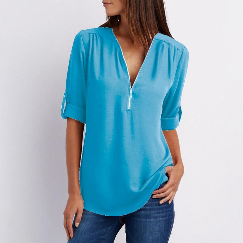 Clapfun™ V Neck Zipper Patchwork Plain Blouses