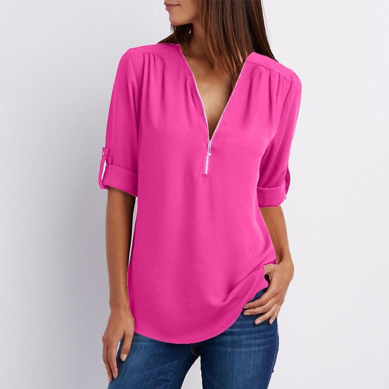 Clapfun™ V Neck Zipper Patchwork Plain Blouses