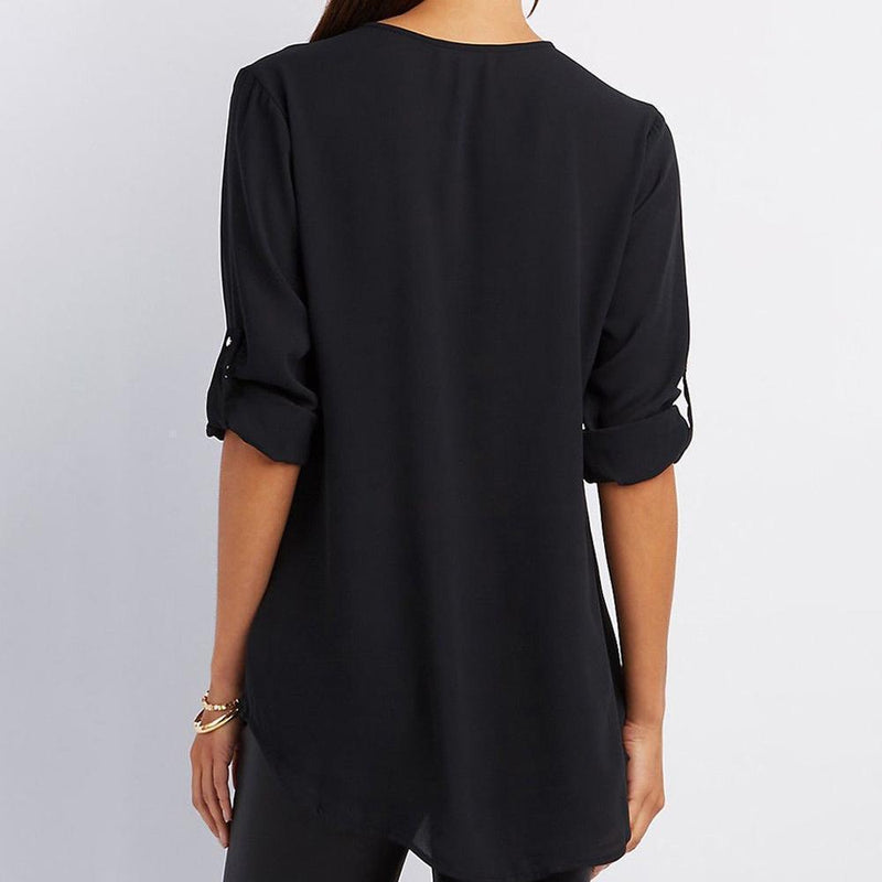 Clapfun™ V Neck Zipper Patchwork Plain Blouses