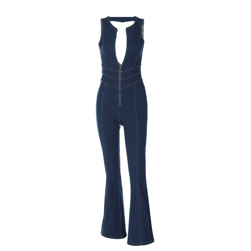 Backless Heart Cutout Denim Jumpsuit For Women